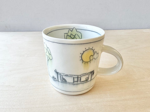 Clothesline Mug with Sun, Clouds, & Cat (16 oz)
