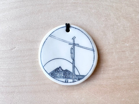 Rooftop & Powerlines Ornament w/Bird