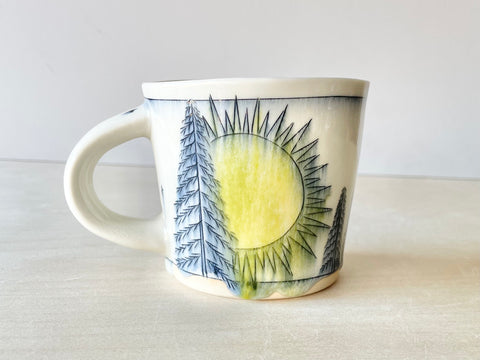 Starry night sky, pine trees, & sunshine mug (10 oz)