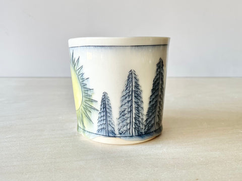Starry night sky, pine trees, & sunshine mug (10 oz)